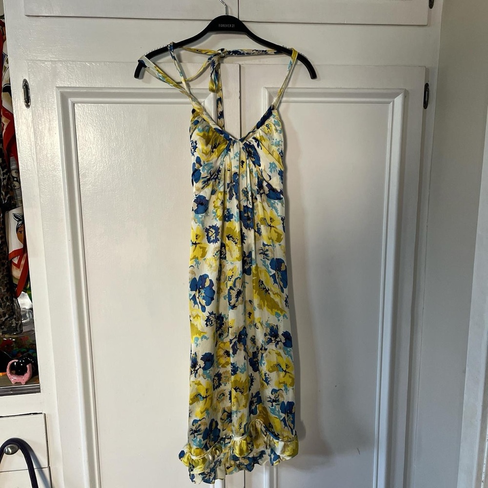 Betsey Johnson 100% silk Yellow & Blue Floral Maxi Dress with Ruffle Hem